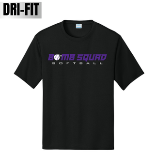 Bomb Squad Velocity Softball artwork on a black Dri-Fit performance top