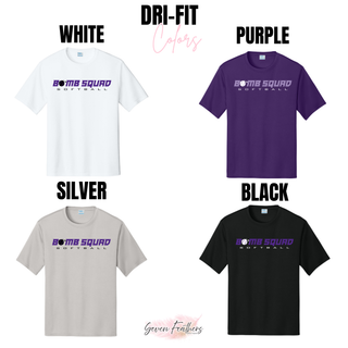 Bomb Squad Velocity Softball Dri-Fit performance top color options in White, Purple, Silver, and Black