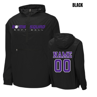 Bomb Squad Velocity Softball artwork on a purple packable anorak jacket