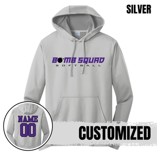 Bomb Squad Velocity Softball artwork on a black performance fleece hoodie
