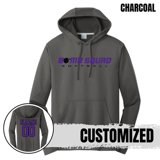 Bomb Squad Velocity Softball artwork on a charcoal performance fleece hoodie