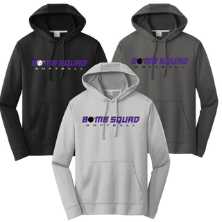 Bomb Squad Velocity Softball performance fleece hoodie colors in Black, Charcoal, and Silver