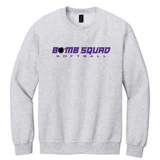 Bomb Squad Velocity Softball wordmark on a grey crewneck sweatshirt