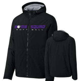 Bomb Squad Velocity Softball artwork on a black waterproof insulated jacket