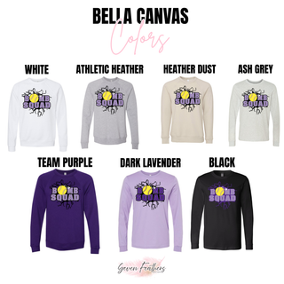 Bomb Squad yellow softball logo Bella Canvas long sleeve and crewneck color options