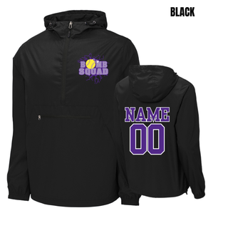 Black Bomb Squad Yellow Softball Logo packable anorak jacket front and back with sample name and number