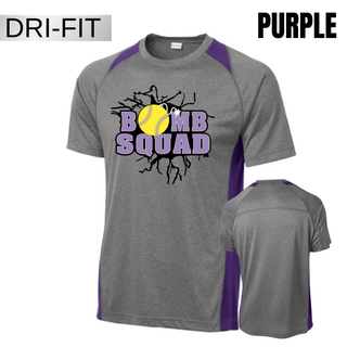 Bomb Squad Yellow Softball Logo grey heather colorblock contender top with purple accents