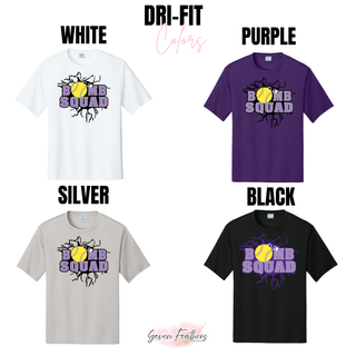 Bomb Squad Yellow Softball Logo performance tops in White, Purple, Silver, and Black