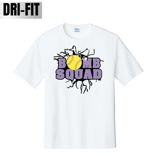 Bomb Squad Yellow Softball Logo on a white Dri-Fit performance top