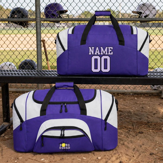 Bomb Squad Yellow Softball Logo duffel bag shown with sample personalized name and number