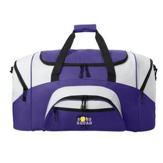 Purple and white Bomb Squad Yellow Softball Logo duffel bag side view