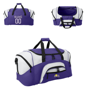 Purple and white Bomb Squad Yellow Softball Logo duffel bag with sample name and number