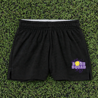 Black Bomb Squad Yellow Softball Logo jersey knit squad shorts on a softball field