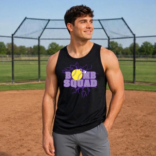 Man wearing a Black Bomb Squad Yellow Softball Logo PosiCharge Competitor tank at a softball field