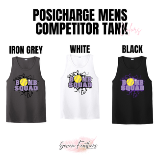 Bomb Squad Yellow Softball Logo men’s PosiCharge Competitor tanks in Iron Grey, White, and Black