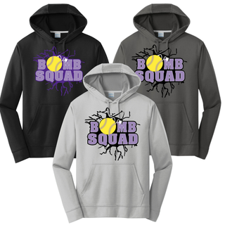 Bomb Squad Yellow Softball Logo performance fleece hoodies in Black, Charcoal, and Silver