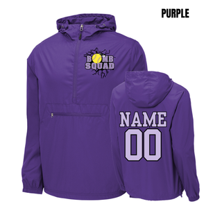 Purple Bomb Squad Yellow Softball Logo packable anorak jacket front and back with sample name and number