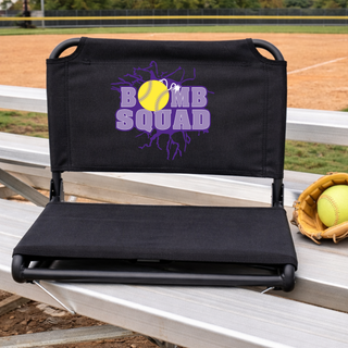 Black Bomb Squad Yellow Softball Logo padded stadium seat on softball bleachers