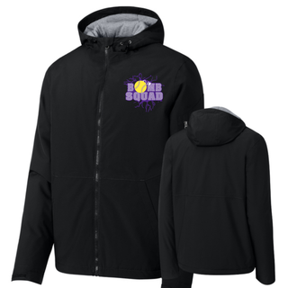 Bomb Squad Yellow Softball Logo black waterproof insulated jacket front view