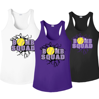 Bomb Squad Yellow Softball Logo women’s racerback tanks in White, Purple, and Black