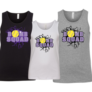 Bomb Squad Yellow Softball Logo youth jersey tanks in Black, White, and Athletic Heather Grey