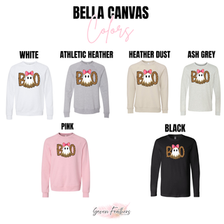 Boo Ghost Bow Top Bella Canvas color options: White, Athletic Heather, Heather Dust, Ash Grey, Pink, Black