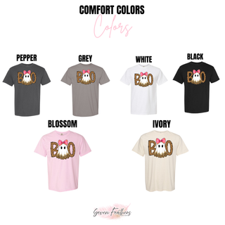 Boo Ghost Bow Top Comfort Colors options: Pepper, Grey, White, Black, Blossom, Ivory