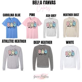 Boo Ghost Pastels Halloween Top graphic tee and crewneck color options in carolina blue and pink