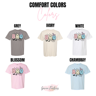 Boo Ghost Pastels Halloween Top graphic tee color options in grey, ivory, and chambray