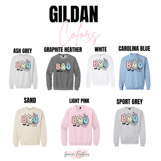 Boo Ghost Pastels Halloween Top crewneck sweatshirt color options in ash grey, carolina blue, and light pink