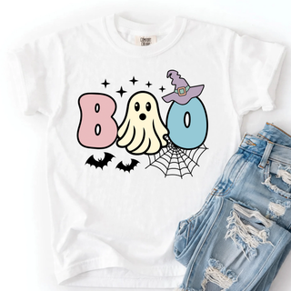 Boo Ghost Pastels Halloween Top white comfort colors tee with cute ghost and witch hat graphic