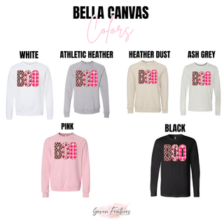 Boo patchwork design Bella Canvas color options: White, Athletic Heather, Heather Dust, Ash Grey, Pink, and Black