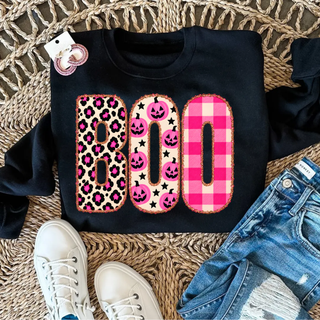 Boo patchwork Halloween sweatshirt in Black, flat lay with accessories