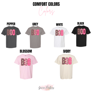Boo patchwork design Comfort Colors options: Pepper, Grey, White, Black, Blossom, and Ivory