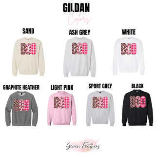 Boo patchwork design Gildan color options: Sand, Ash Grey, White, Graphite Heather, Light Pink, Sport Grey, and Black