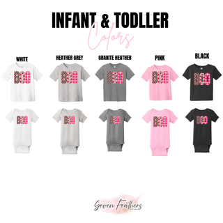 Boo patchwork design Infant and Toddler color options: White, Heather Grey, Granite Heather, Pink, and Black
