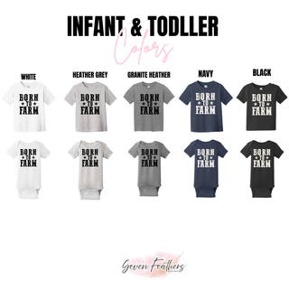 Born to Farm infant onesie and toddler tee shown in white, heather grey, granite heather, navy, and black