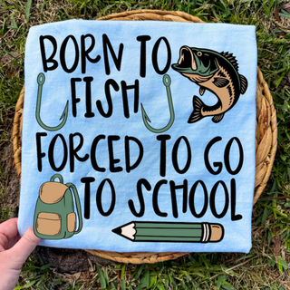 Born to Fish Forced to Go to School shirt with fish hooks bass backpack and pencil design
