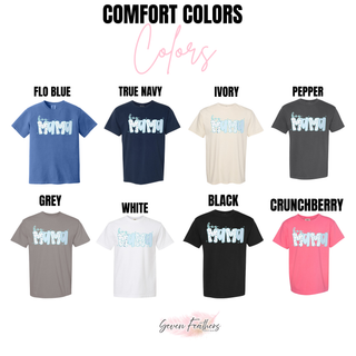 Boy Mama Blue Pattern tee color swatch showing flo blue, true navy, ivory, pepper, grey, white, black, and crunchberry
