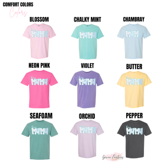 Boy Mama Blue Pattern tee color swatch showing blossom, chalky mint, chambray, neon pink, violet, butter, seafoam, orchid, and pepper
