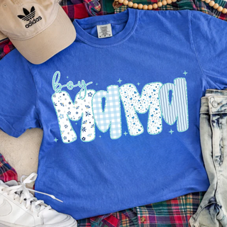 Flo blue Comfort Colors tee with Boy Mama blue pattern lettering in floral gingham hearts and stripes front view