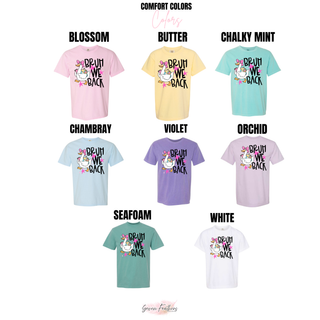 bruh we back silly goose graphic tee color chart showing blossom butter chalky mint chambray violet orchid seafoam and white
