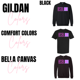 Color chart showing BSBL SZN block letter graphic top in black across Gildan crewneck, Comfort Colors tee, and Bella Canvas crewneck styles