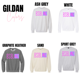 Gildan crewneck sweatshirt color chart showing BSBL SZN graphic top in ash grey, white, graphite heather, sand, and sport grey