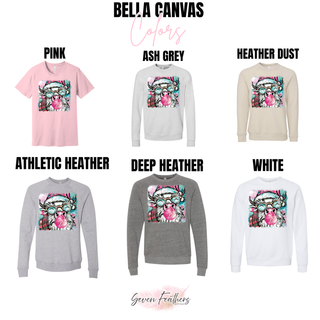Bella Canvas color chart showing the Highland cow Santa design in Pink, Ash Grey, Heather Dust, Athletic Heather, Deep Heather, and White