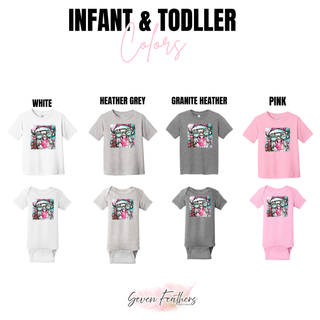 Infant and toddler color chart showing the Highland cow Santa design on tees and bodysuits in White, Heather Grey, Granite Heather, and Pink