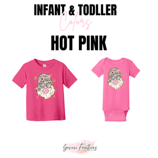 Infant and toddler color chart for the Bubblegum Santa top in Hot Pink, shown on a toddler tee and an infant bodysuit