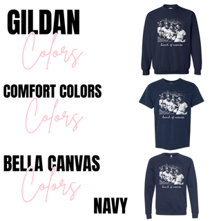Gildan navy crewneck, Comfort Colors navy tee, and Bella Canvas navy crewneck with Bunch of Weenies graphic
