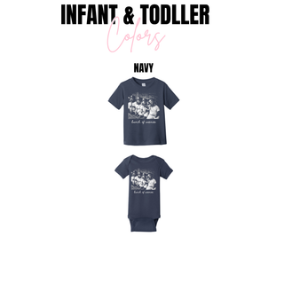 Infant and toddler navy tees and onesies with Bunch of Weenies dachshund baseball graphic
