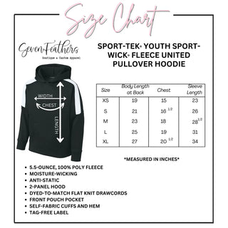 Youth Sport Tek Sport Wick fleece pullover hoodie size chart with measurement guide, showing body length, chest width, and sleeve length in inches.